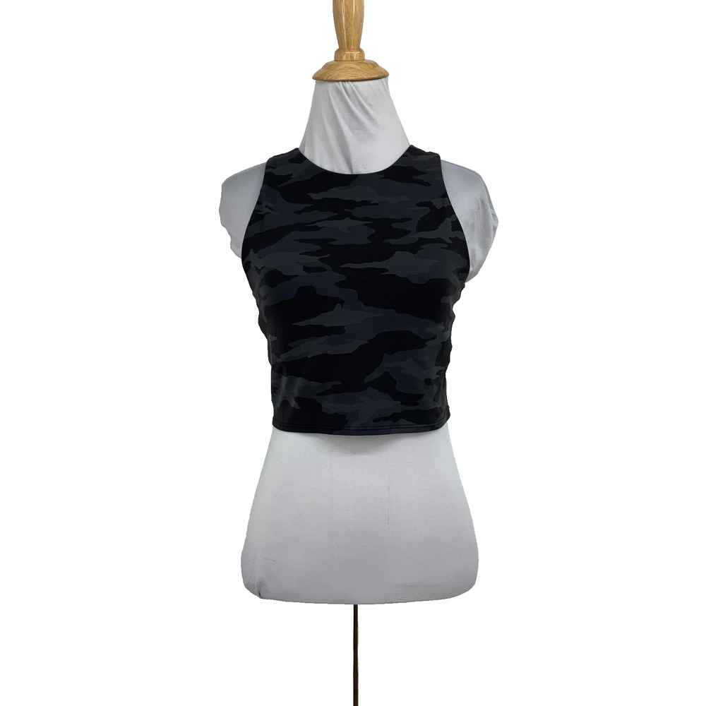Athleta Top Women M Medium Black Grey Conscious Cropped A-C Printed Camo Workout